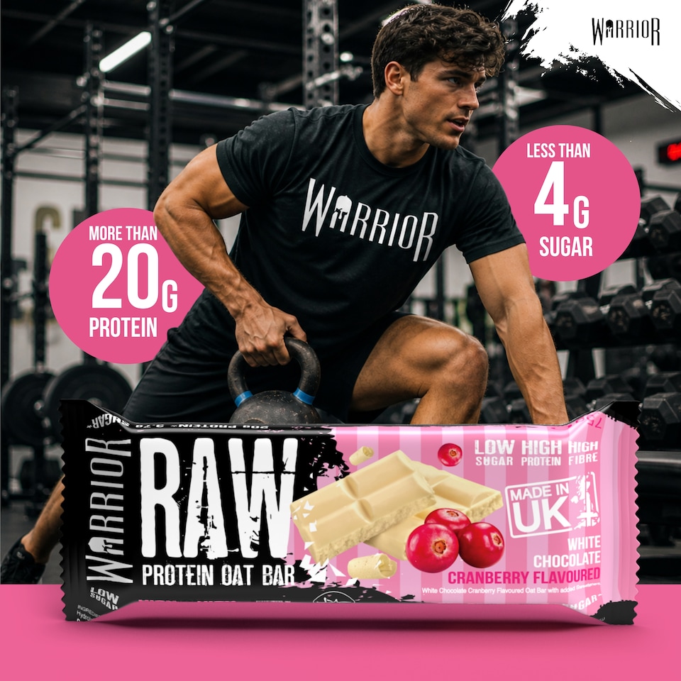 image 1 of Warrior RAW Protein Bars 12 x 75g – 20g High Protein Bar, Low Sugar High Fibre Oat Protein Flapjack – Protein Snacks, Meal Replacement Bars (White Chocolate Cranberry)