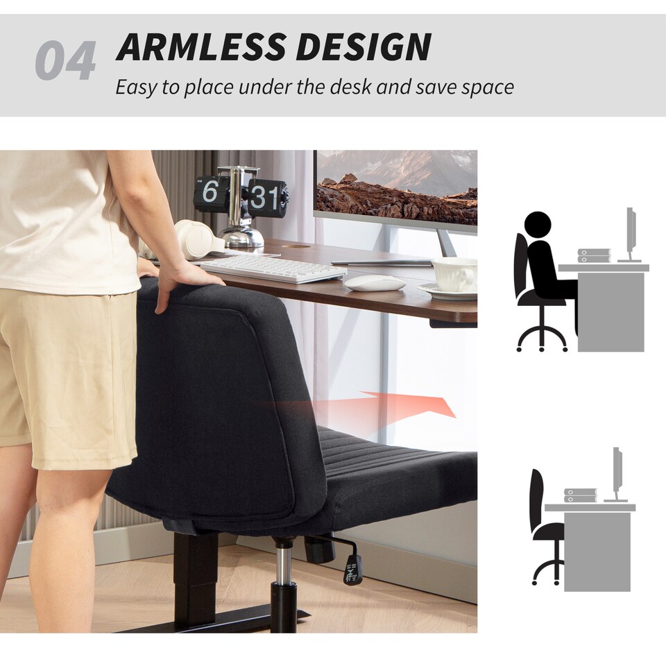 image 1 of HOMCOM Linen Criss Cross Legged Office Chair with Rock Function, Black