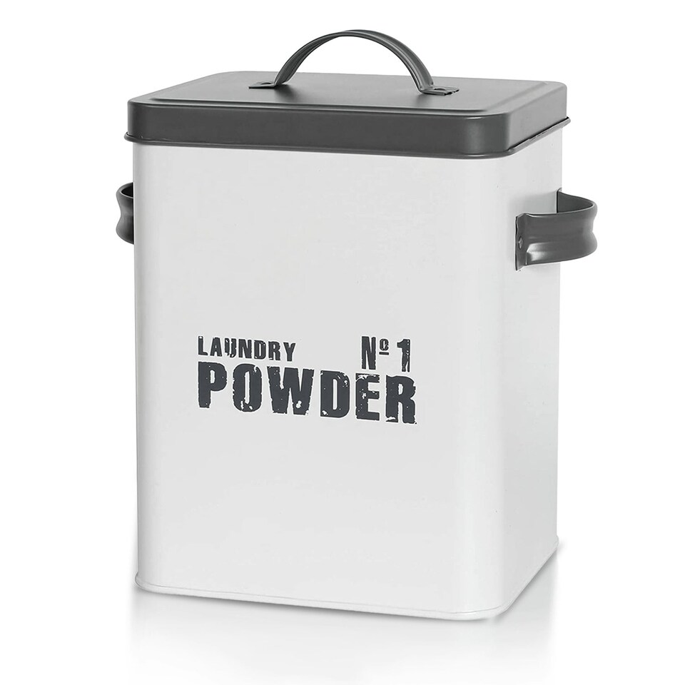 image 1 of Enamel-Coated Metal Laundry Powder Storage Tin Airtight Lid for Detergent & Pods | Grey