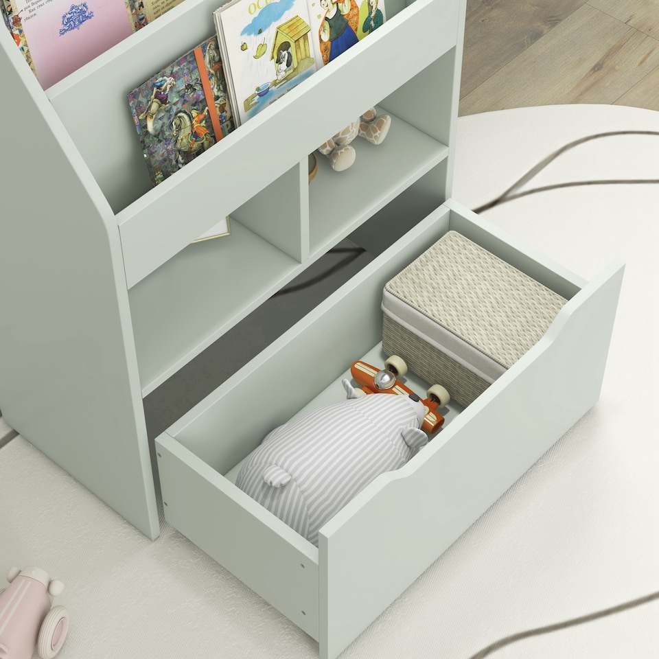 image 1 of HOMCOM Kids Bookshelf Bookcase with Storage Drawer with Wheels Toy Organiser | Green