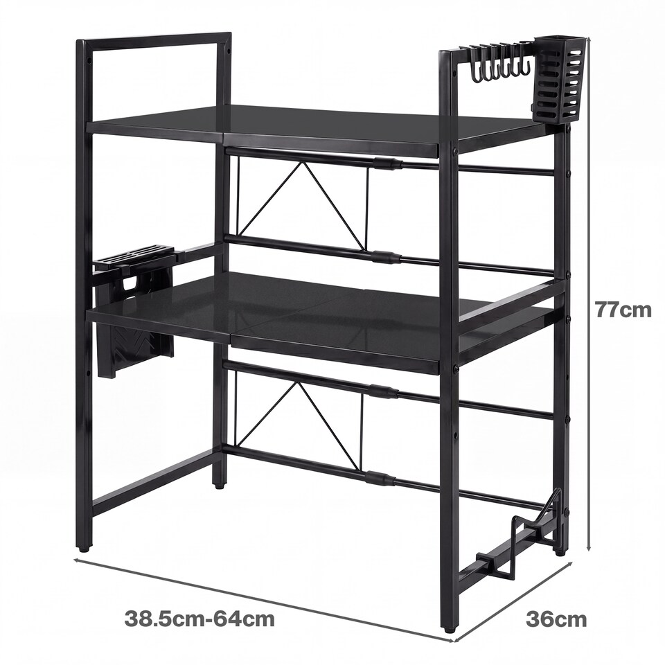 image 1 of TOQUE 3 Tier Expandable Microwave Oven Rack Stand Kitchen Storage Shelf Black