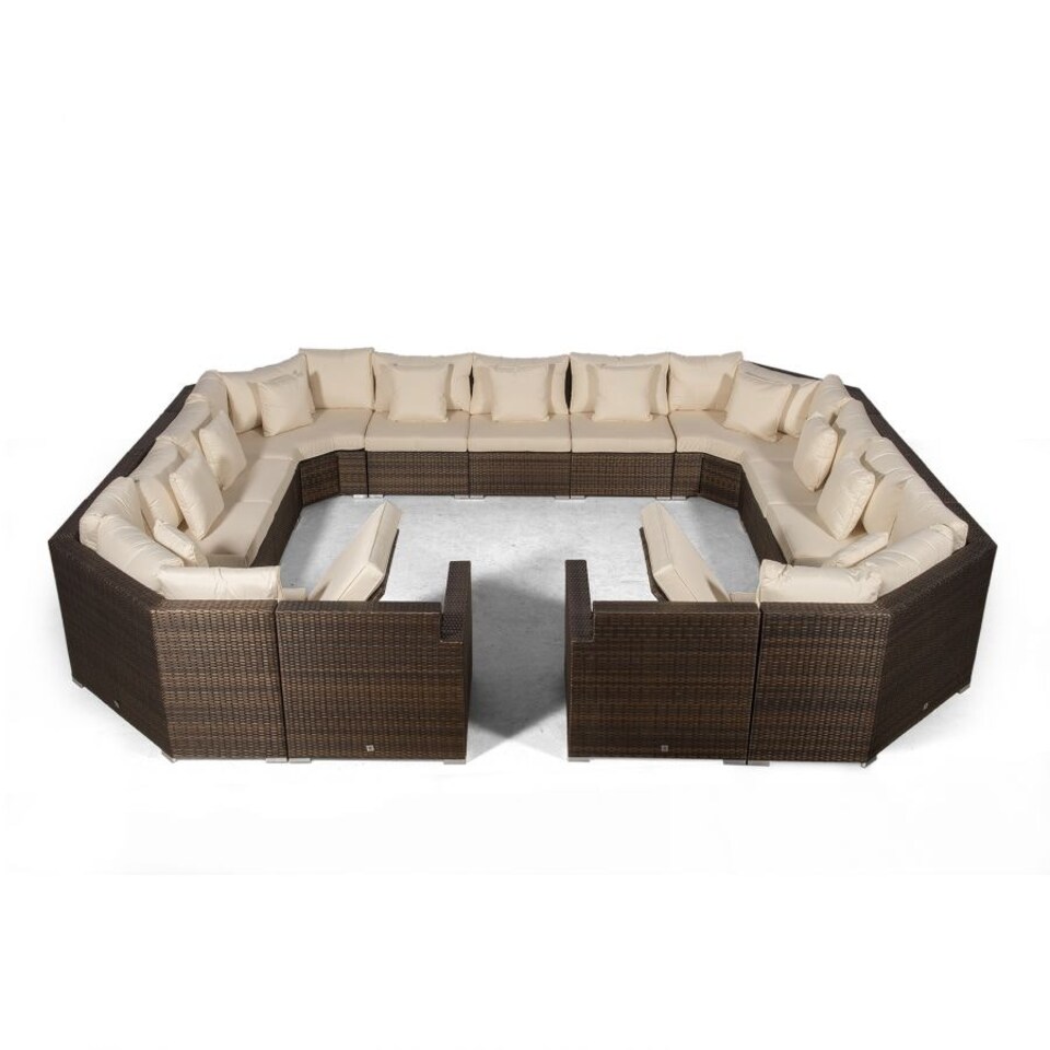 image 1 of Santorini Modular 13 Seat Rattan Conversation Set With 2 Coffee Tables Brown | Ivory