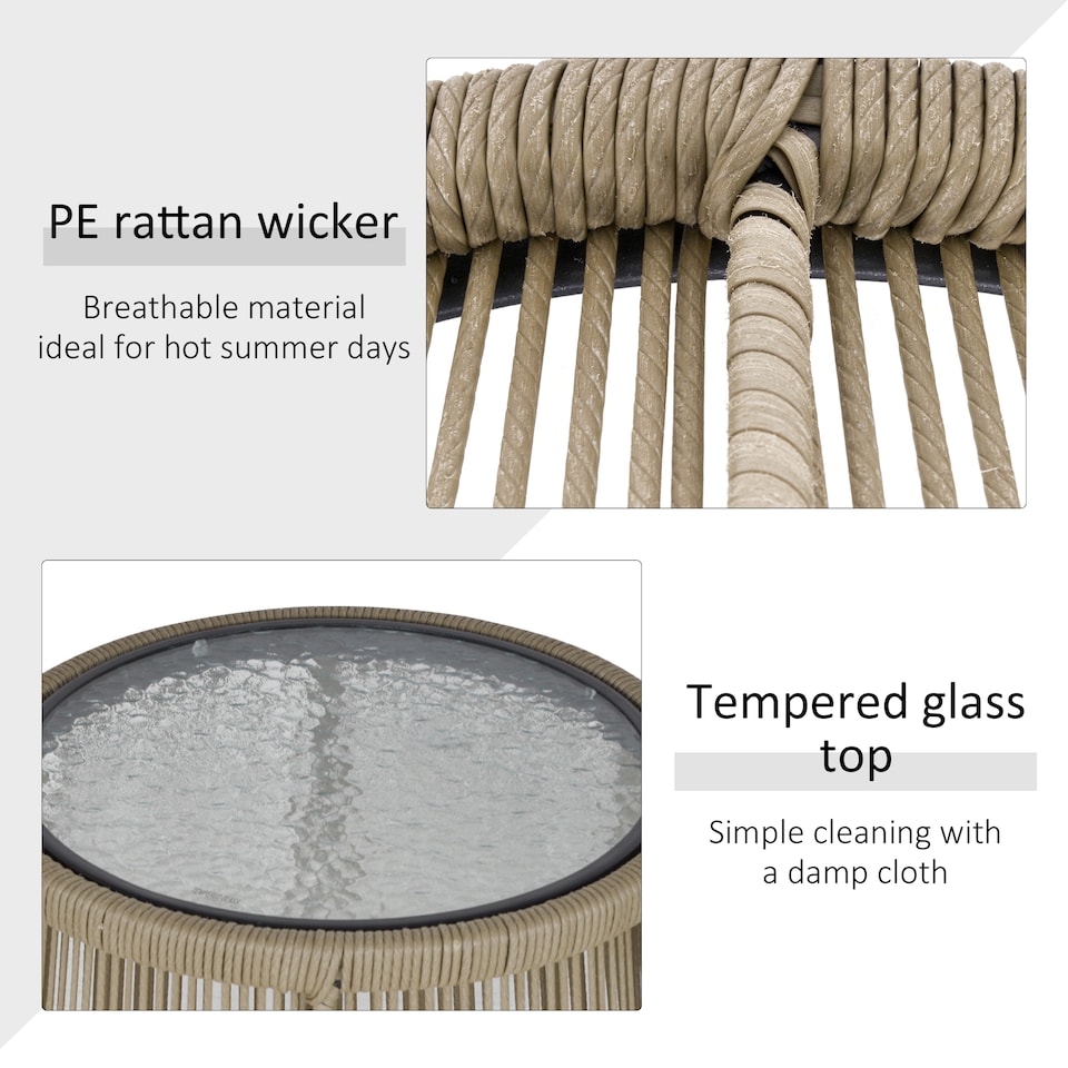 image 1 of Outsunny 3 Pieces Rattan Bistro Set, Wicker Garden Furniture Set with Cushions, Glass Top Coffee Table and Chairs for Outdoor, Patio, Balcony, Brown