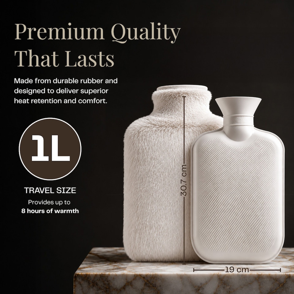 image 1 of 1L Hot Water Bottle - Luxury, Soft and Washable Hot Water Bag for Hot and Cold Compress
