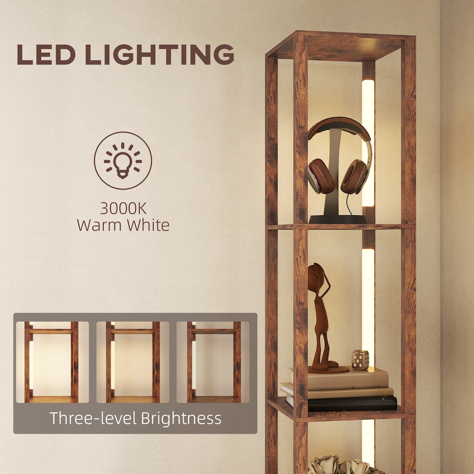 image 1 of HOMCOM Floor Lamp with Shelves, LED Column Modern Standing Lamp with Fabric Drawer, Adjustable Brightness, Foot Switch for Living Room, Bedroom, Office, Rustic Brown | Brown