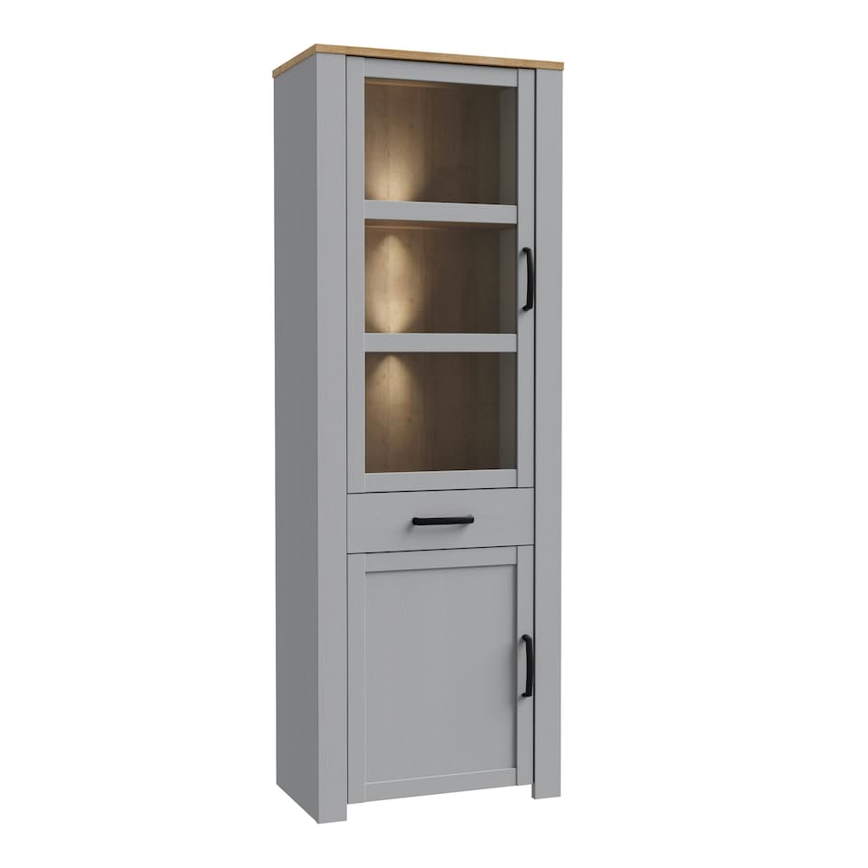 image 1 of Bohol Narrow Display Cabinet inc. 2x LED Lights in Riviera Oak/Grey Oak