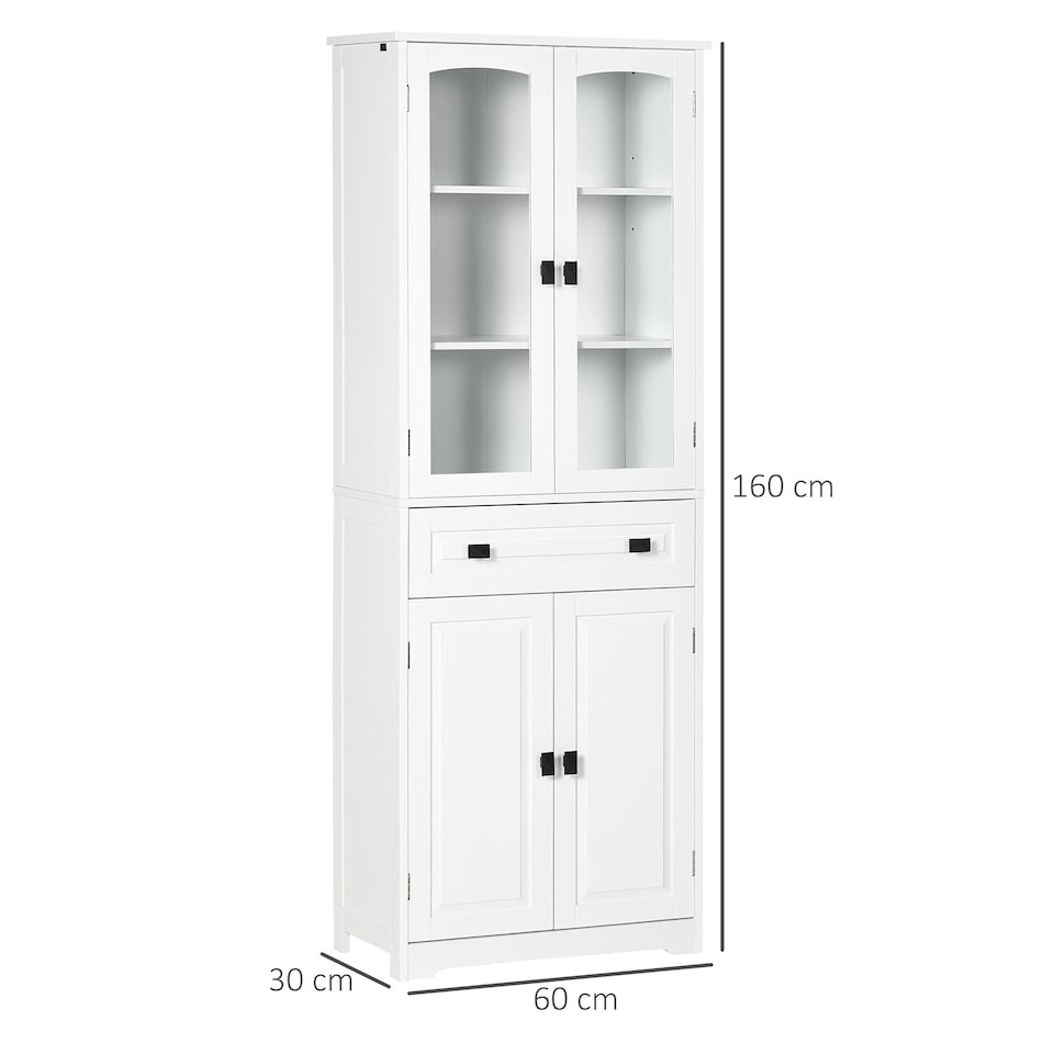 image 1 of HOMCOM Kitchen Cupboard, Freestanding Storage Cabinet with 2 Adjustable Shelves, Drawer and Glass Door for Living Room, Dining Room, 160cm, White