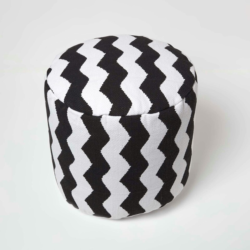 image 1 of Homescapes Circular Cube Bean Footstool with Black and White Chevron Pattern