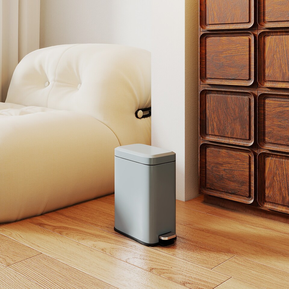 image 1 of HOMCOM 5L Rectangular Compact Bin Steel Body Removable Bucket Quiet-Close Lid w Pedal Lid Rubbish Trash Can Home Office Bedroom Bathroom Living Room Garbage Tidy Clean Grey | Grey | 1