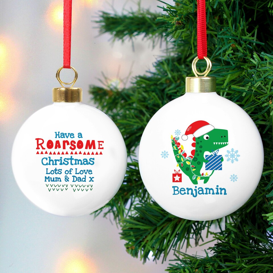 image 1 of Personalised Dinosaur 'Have a Roarsome Christmas' Bauble