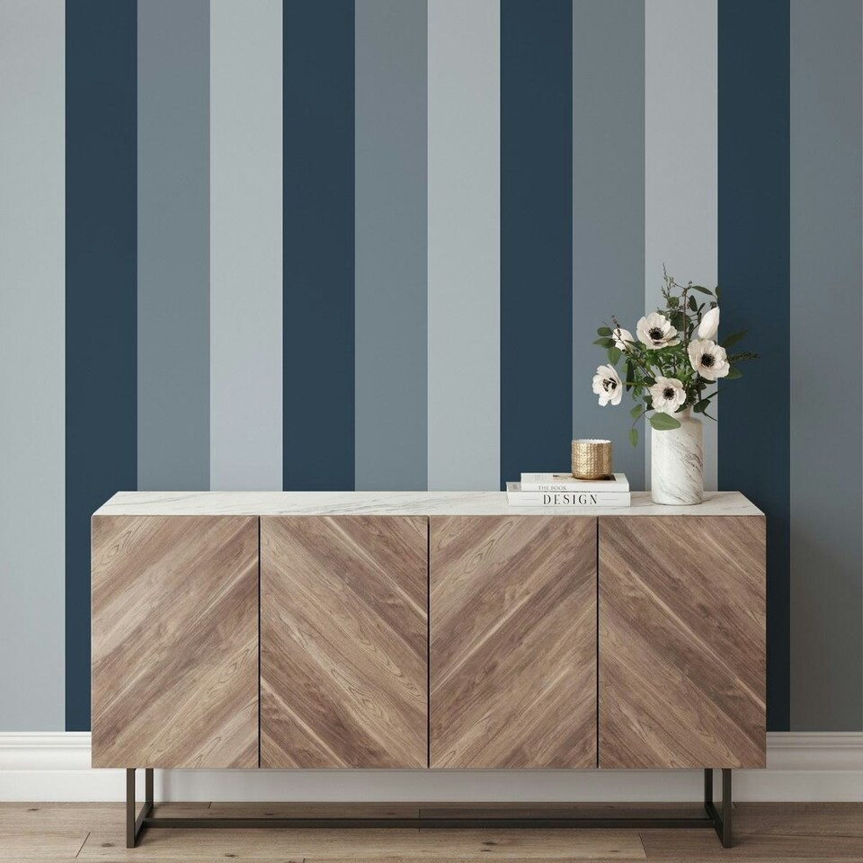 image 1 of World Of Wallpaper Stripe Textured Wallpaper - Soft Blue/Navy/Denim - 10m x 53cm | Blue