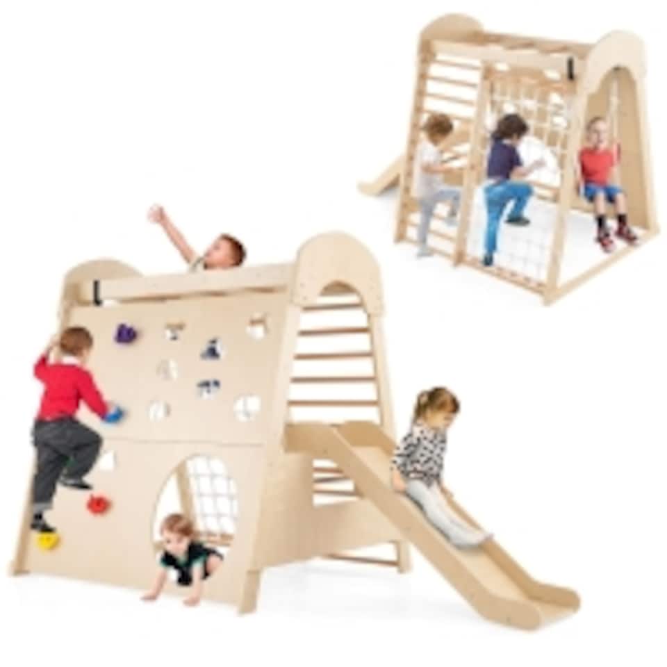image 1 of COSTWAY 8-in-1 Indoor Jungle Gym Wooden Playground with Climbing Wall-Natural