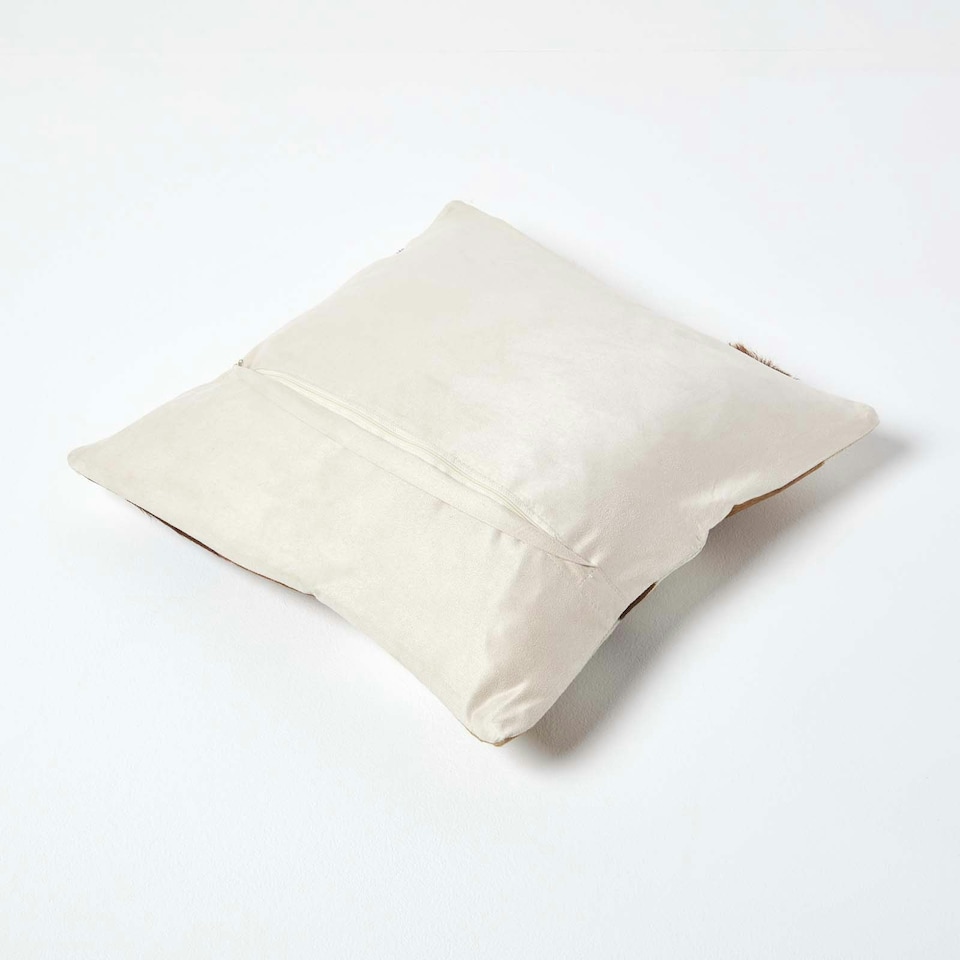 image 1 of Homescapes Beige and Cream Real Leather & Goat Hair Small Check Cushion with Feather Filling - 45 x 45 cm Cream