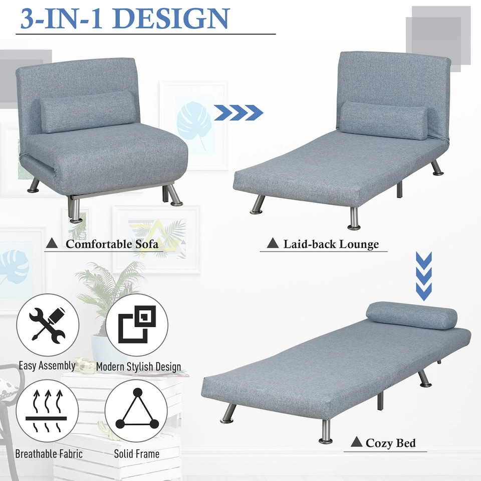 image 1 of HOMCOM Single Folding 5 Position Convertible Sleeper Sofa Bed Blue