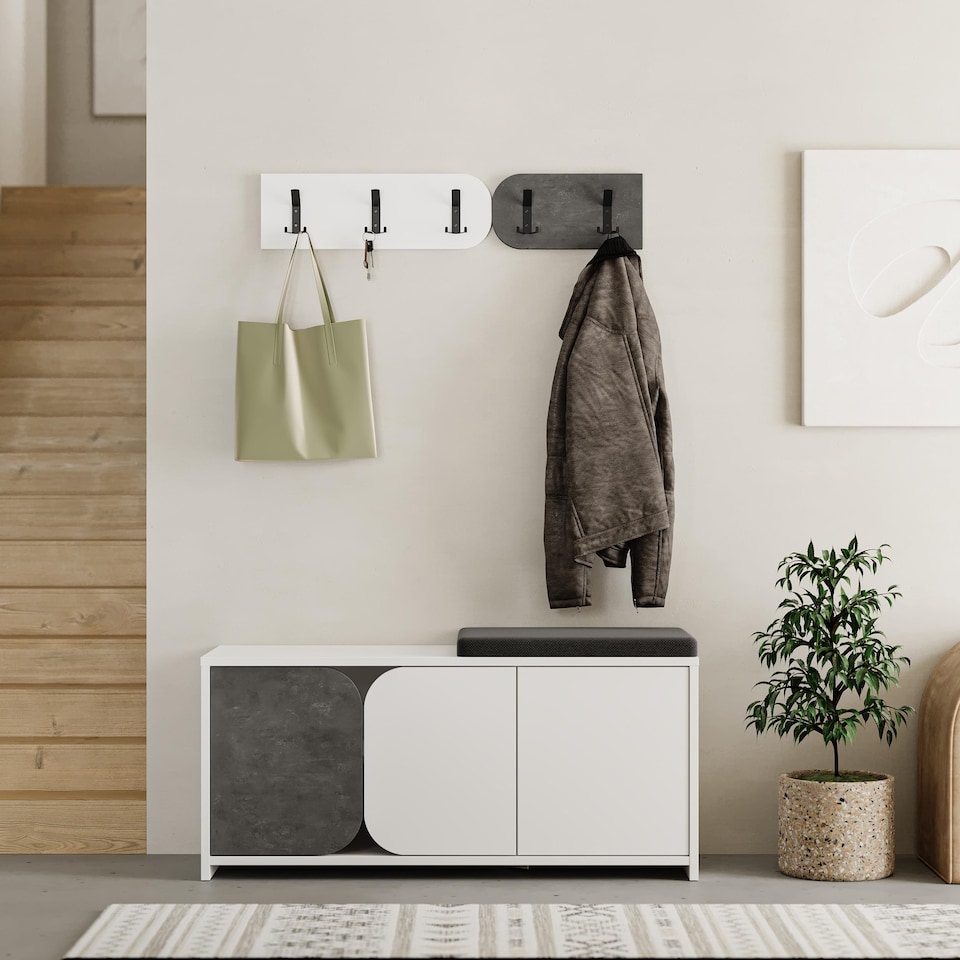 image 1 of Decortie Moni Shoe Cabinet with Hooks 105x52cm White Retro Grey
