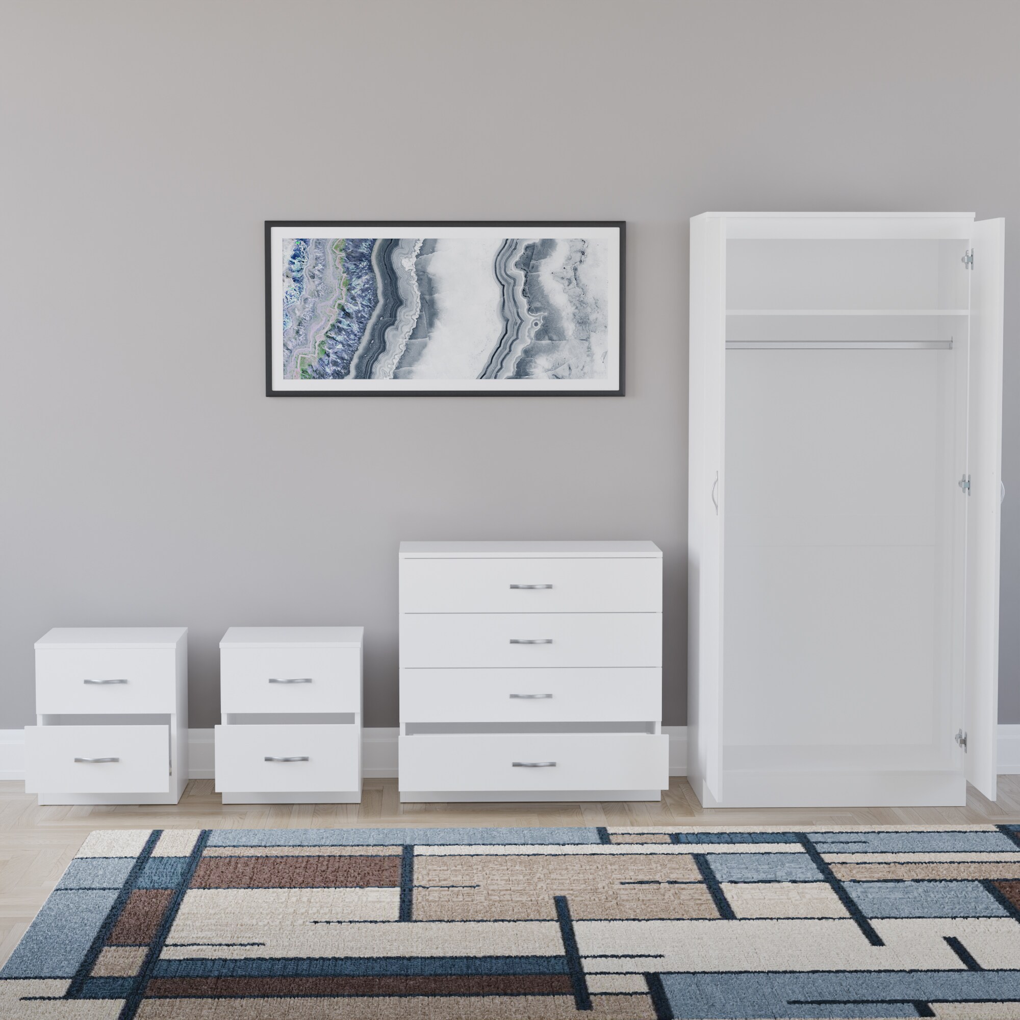 Comodino York 2 Cassetti Colore Bianco e Legno, Guide Metalliche, 53,8