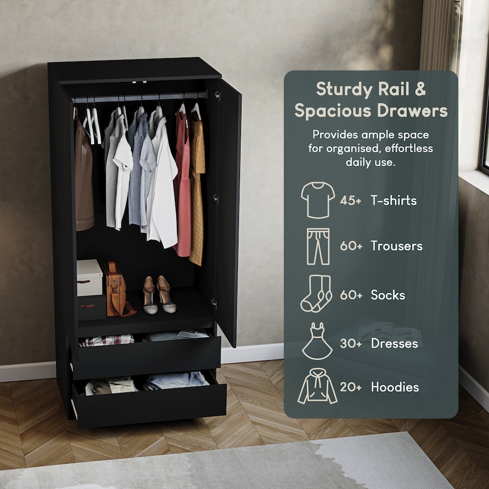 image 1 of Vida Designs Denver 2 Door 2 Drawer Wardrobe With Shelf & Clothes Rail, Black