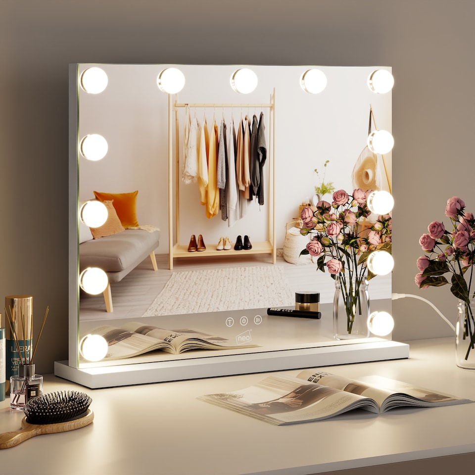 image 1 of Neo Hollywood Vanity Touch Wall Mounted Freestanding Mirror with 13 LED Bulbs Lights Makeup Lighted 3 Colour Dimmable Lighting Modes