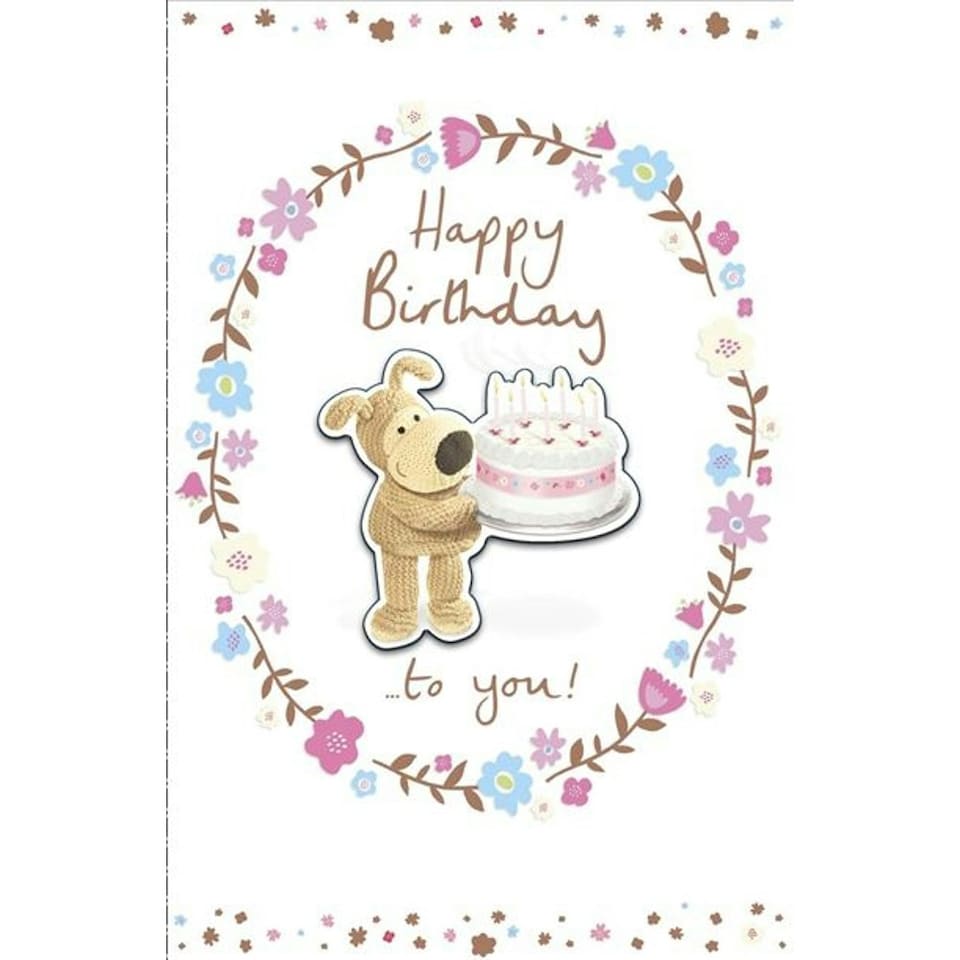 image 1 of Die Cut Happy Birthday Card Boofle Holding Cake