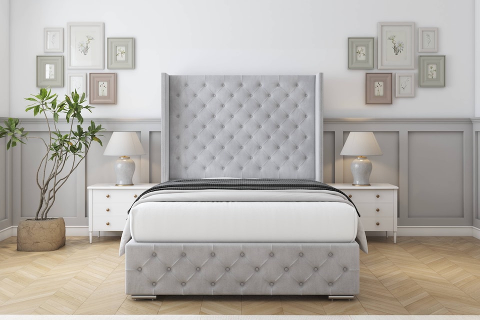 image 1 of Sloomy Arundel Silver Naples Bed Frame With Mattress With 50"  Upholstered Wingback Headboard 2'6 Small Single