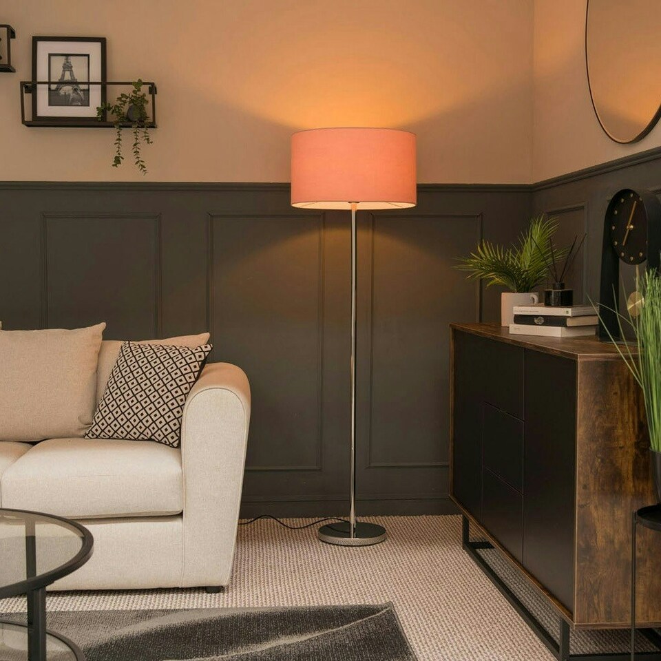 image 1 of ValueLights Silver Floor Lamp with Large Blush Pink Shade