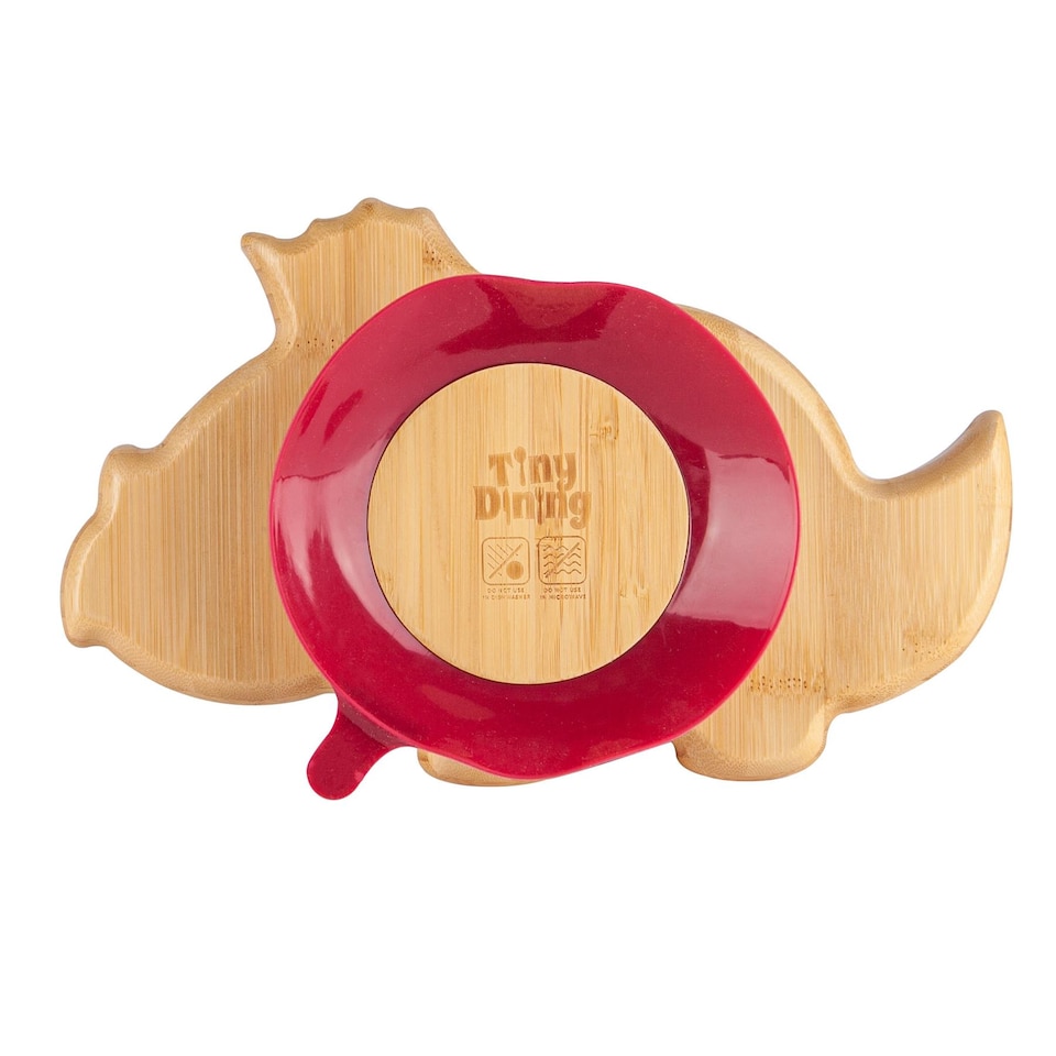 image 1 of Tiny Dining Bamboo Suction Plate - Dinosaur/Red - Divided Non-Slip Bamboo Self-Feeding Baby Weaning Plate | Red | Red