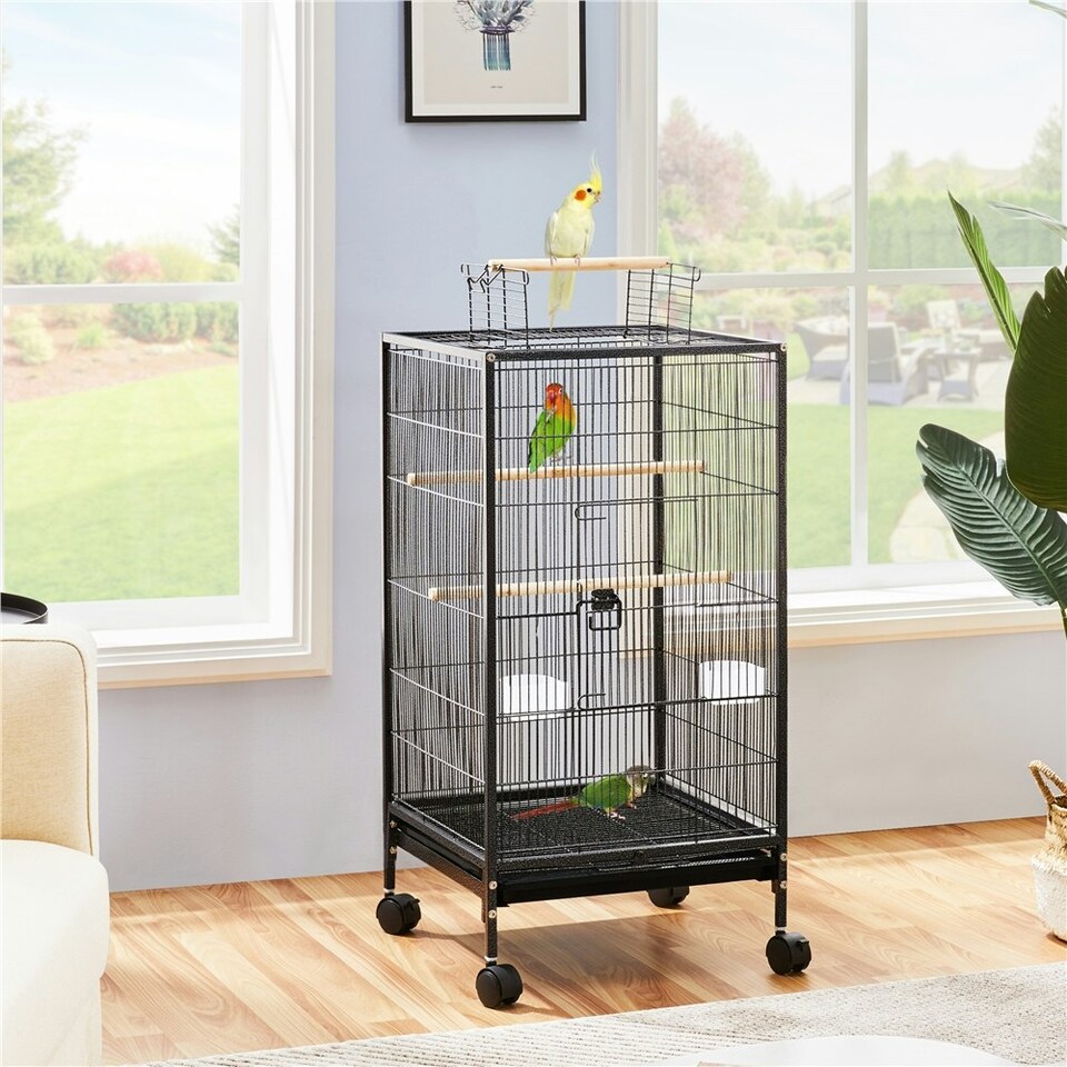 image 1 of Yaheetech 100.5 cm Tall Wrought Iron Bird Cage with Rolling Stand Black