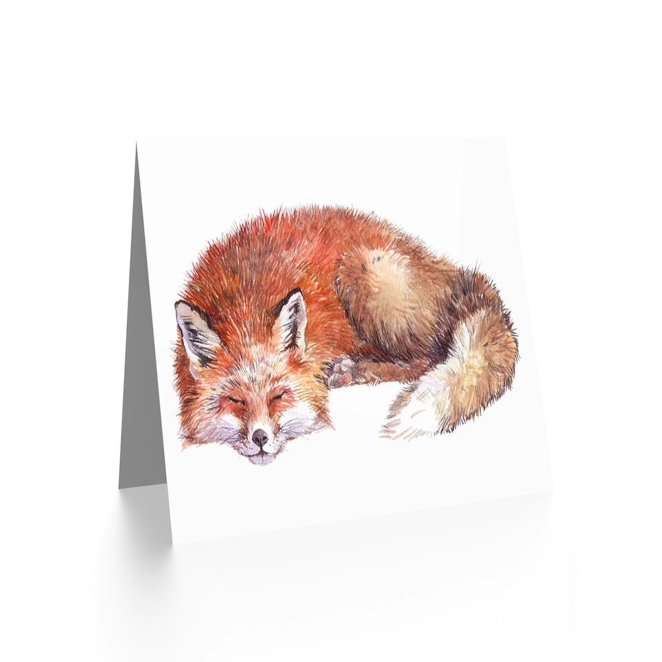 image 1 of Cute Red Fox Sleeping Bright Watercolour Painting Animal Greeting Card