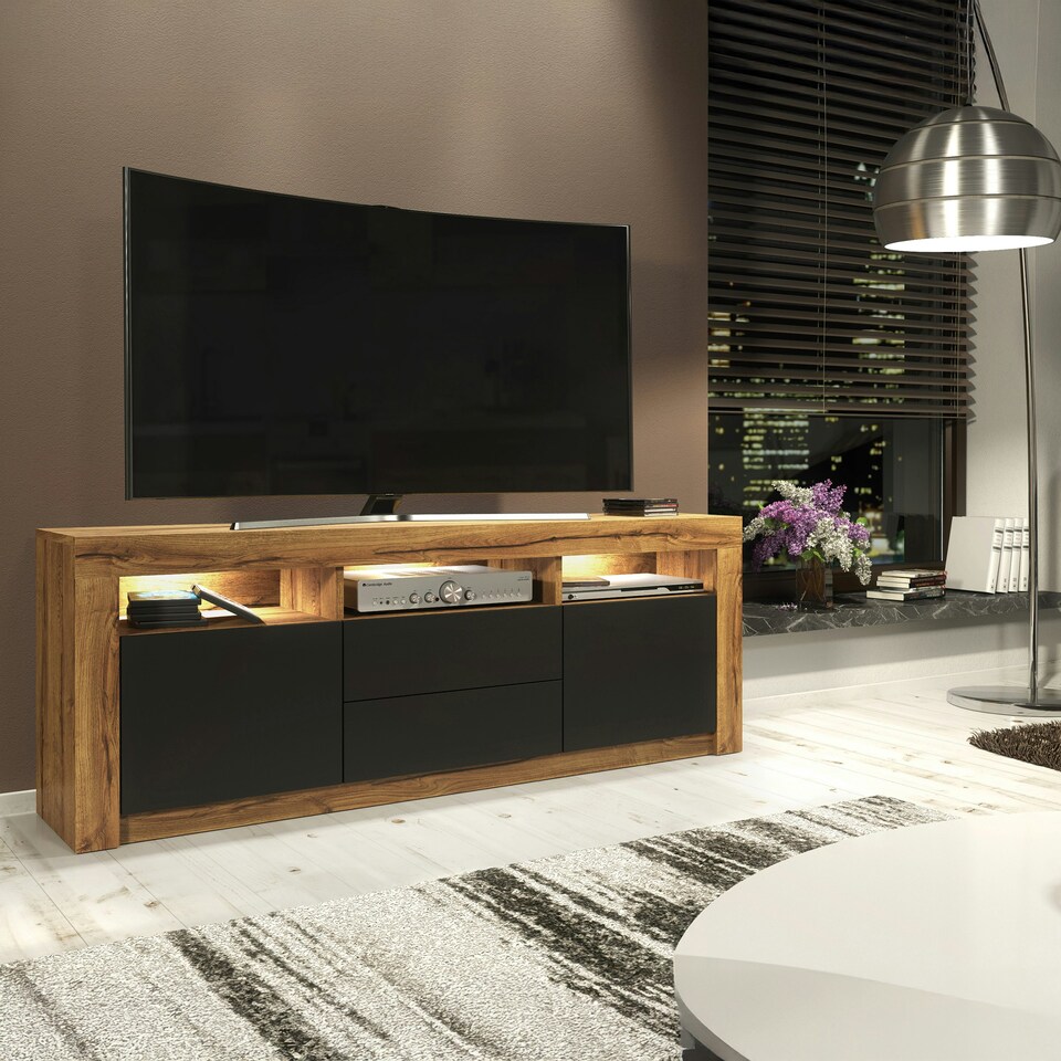 image 1 of TV Unit 160cm Black Matt Doors & Drawers Oak Matt Body Free LED Multi | Oak & Black