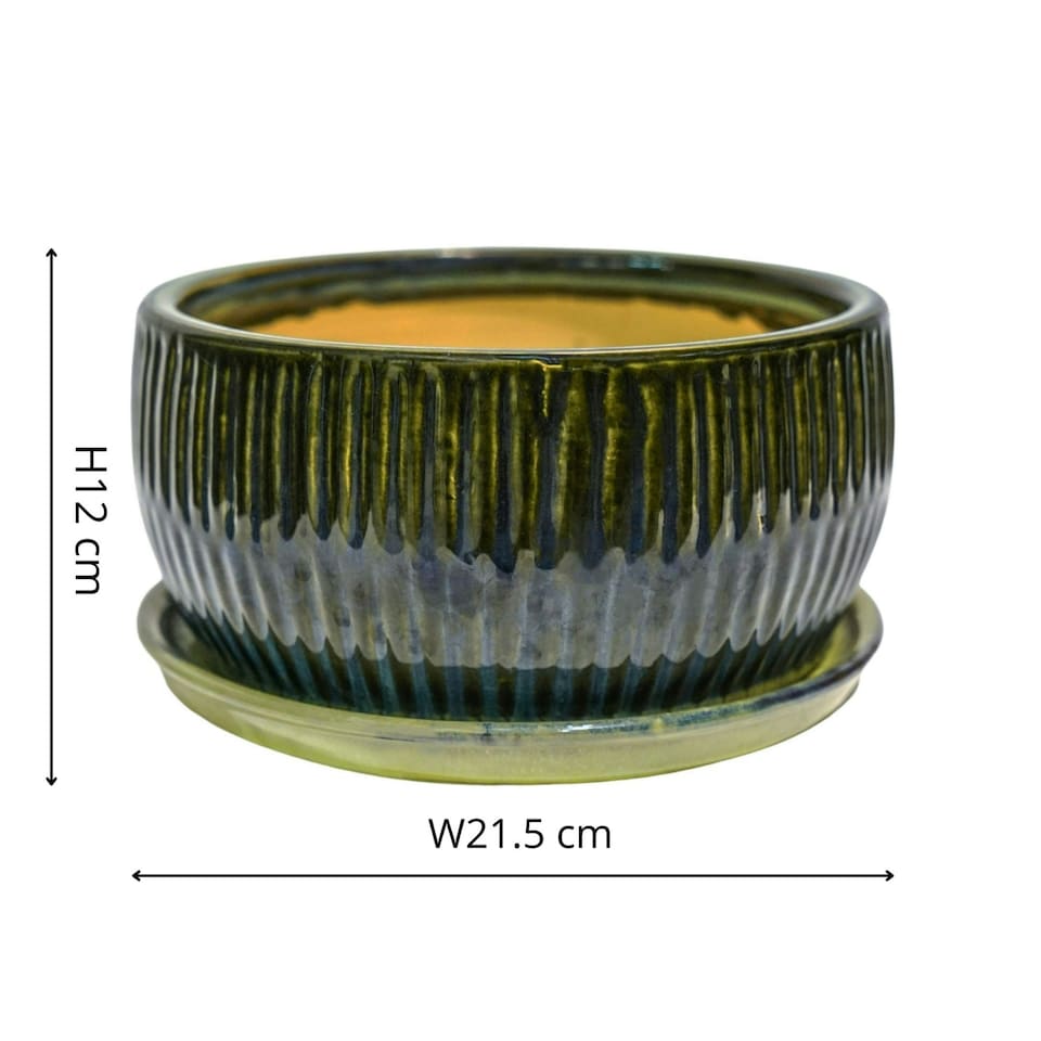 image 1 of Round Reactive Glaze Bonsai Planter Set of 2 - Cement - L24.5 x W24.5 x H12 cm - Emerald | Green
