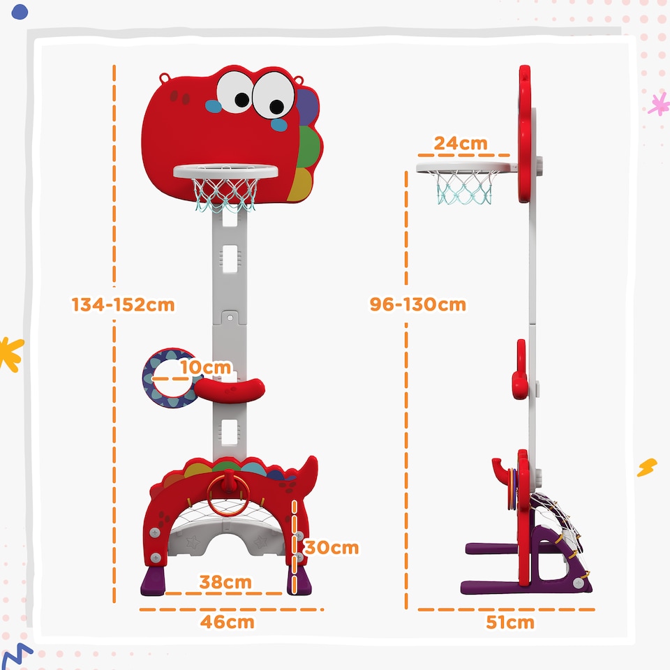 image 1 of AIYAPLAY 5-in-1 Basketball Set with Adjustable 96-130 cm Height, Red