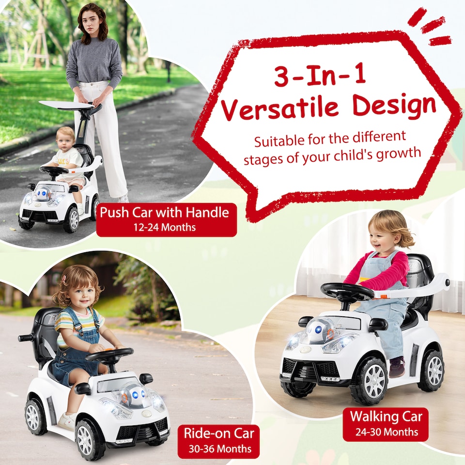 image 1 of COSTWAY 3 in 1 Push Car Toddler Stroller Walking Car White
