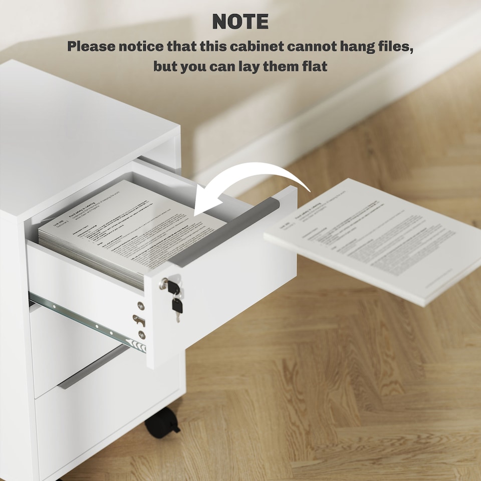 image 1 of HOMCOM 3-Drawer Lockable Filing Cabinet, File Cabinet on Wheels, Mobile Office Storage Drawers for Home Office, Bedroom and Living Room, White | White | White