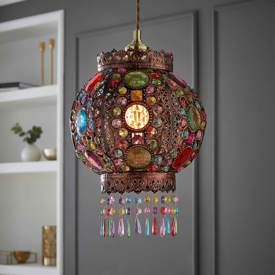 image 1 of ValueLights Bazaar Moroccan Bronze Lamp Shade Acrylic Droplets | Bronze