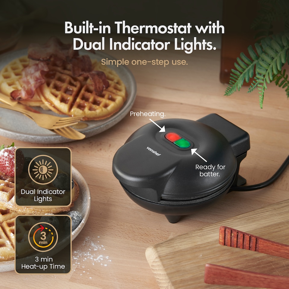 image 1 of Vonshef Mini Waffle Maker with 12.5cm Non Stick Plates 600W