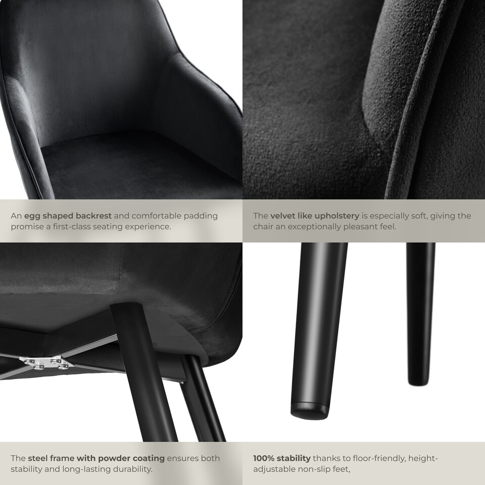 image 1 of Dining Chair Marilyn - with armrests, padded, velvet look, black steel legs | Black | black | One Size | 2