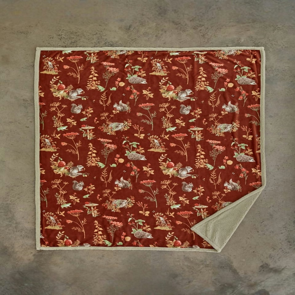 image 1 of Autumnal Woodland Throw – Sherpa Blanket Showcasing Forest Animals & Foliage 130x170cm | Multi | Rust | 1