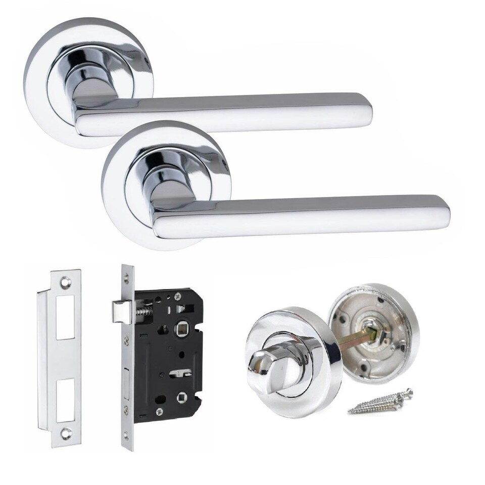 image 1 of Golden Grace Leon Design Bathroom Classic Door Handles Set in Polished Chrome with Thumbturn and Mortise Lock Chrome