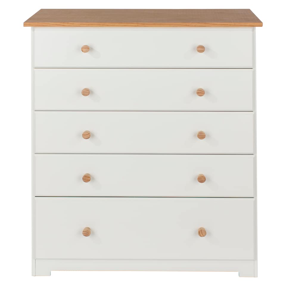image 1 of Colorado Soft White 5 Drawer Chest - Painted Wood Bedroom Storage Cabinet with Oak Effect Top | White | White | 1