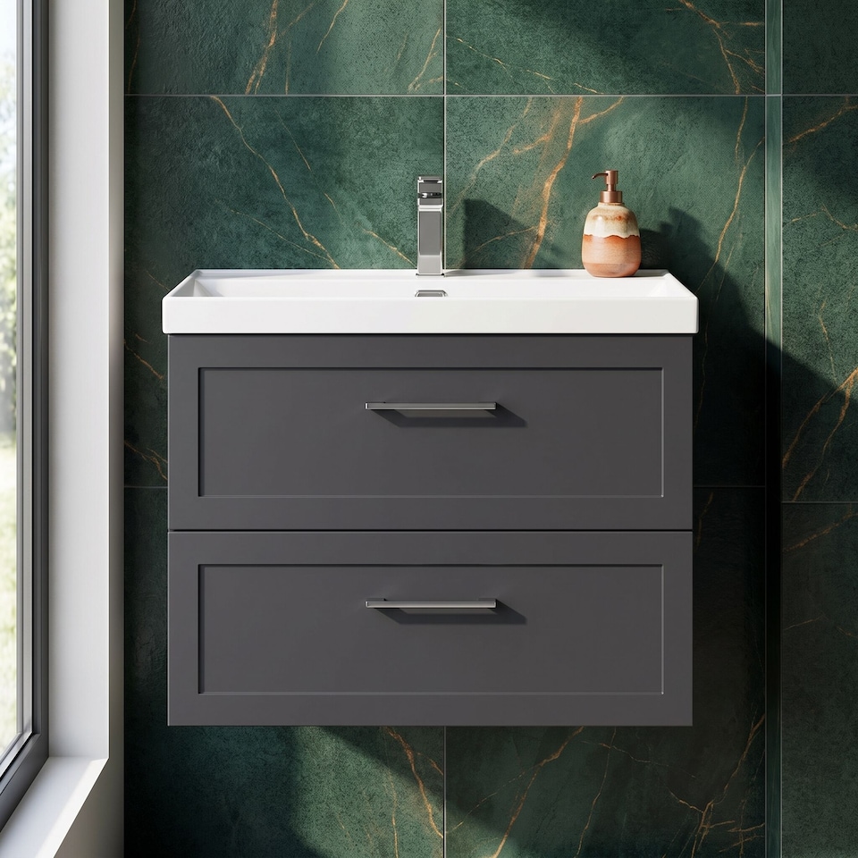 image 1 of Stonnall Traditional Wall Hung 2 Drawers Vanity Unit with Thin-Edge Ceramic Basin, 800mm, Dark Grey