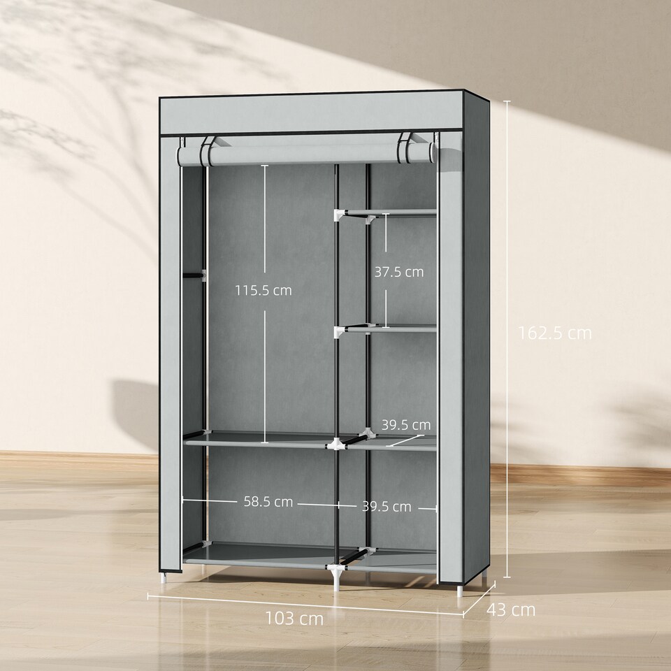 image 1 of HOMCOM Fabric Wardrobe, Portable Wardrobe with 6 Shelves, 1 Hanging Rail, Foldable Closets, 103 x 43 x 162.5 cm, Light Grey