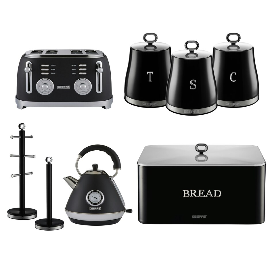 GEEPAS Pyramid Kettle, 4 Slice Bread Toaster, Set of 3 Tea Coffee Sugar Canister, Bread Bin, Mug Tree & Towel Pole Set