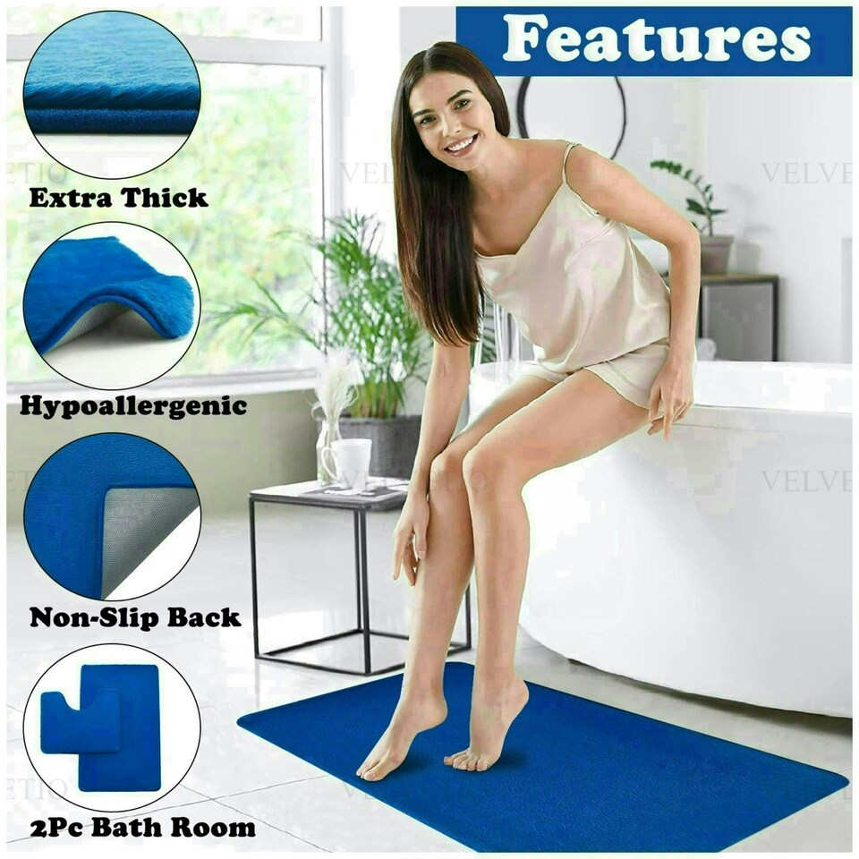 image 1 of VELVETIO Faux Fur Bath Mat Set Shaggy Super Soft Plush Anti Slip PVC Back Blue | Royal Blue