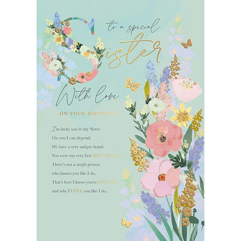 Words 'n' Wishes Birthday Card for Special Sister, Floral Gold Foil Design, 23 cm x 16 cm