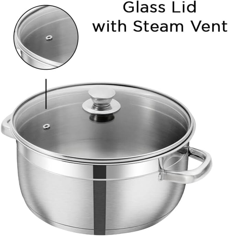 image 1 of Vinod Cookware Two Tone Stainless Steel Sauce Pot with Glass Lid - Steam Vent, Sturdy Handle Induction Bottom (14cm , 1 ltr) | Multi