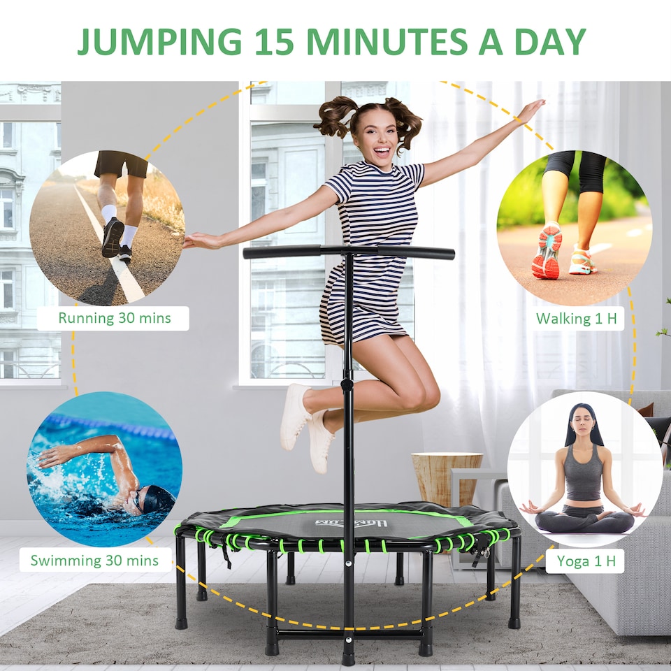 image 1 of HOMCOM Foldable Trampoline with Adjust Handle, Max Load 100 KG - Green