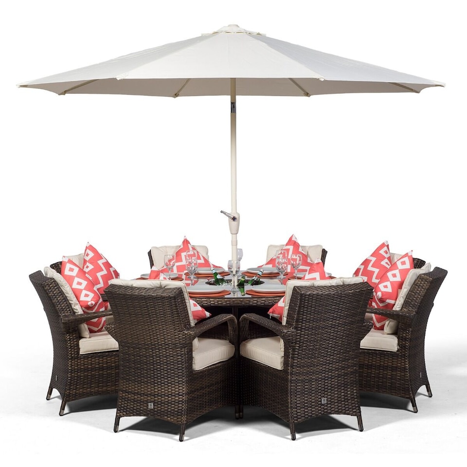 image 1 of Arizona Round 8 Seater Rattan Dining Set with Ice Bucket Drinks Cooler | Brown | Brown