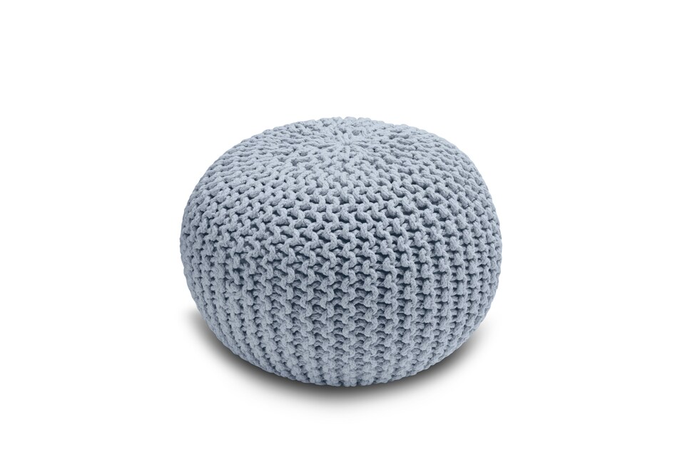 image 1 of Knitted Pouffe Chunky Round Footstool Ottoman 100% Cotton Handmade | Silver
