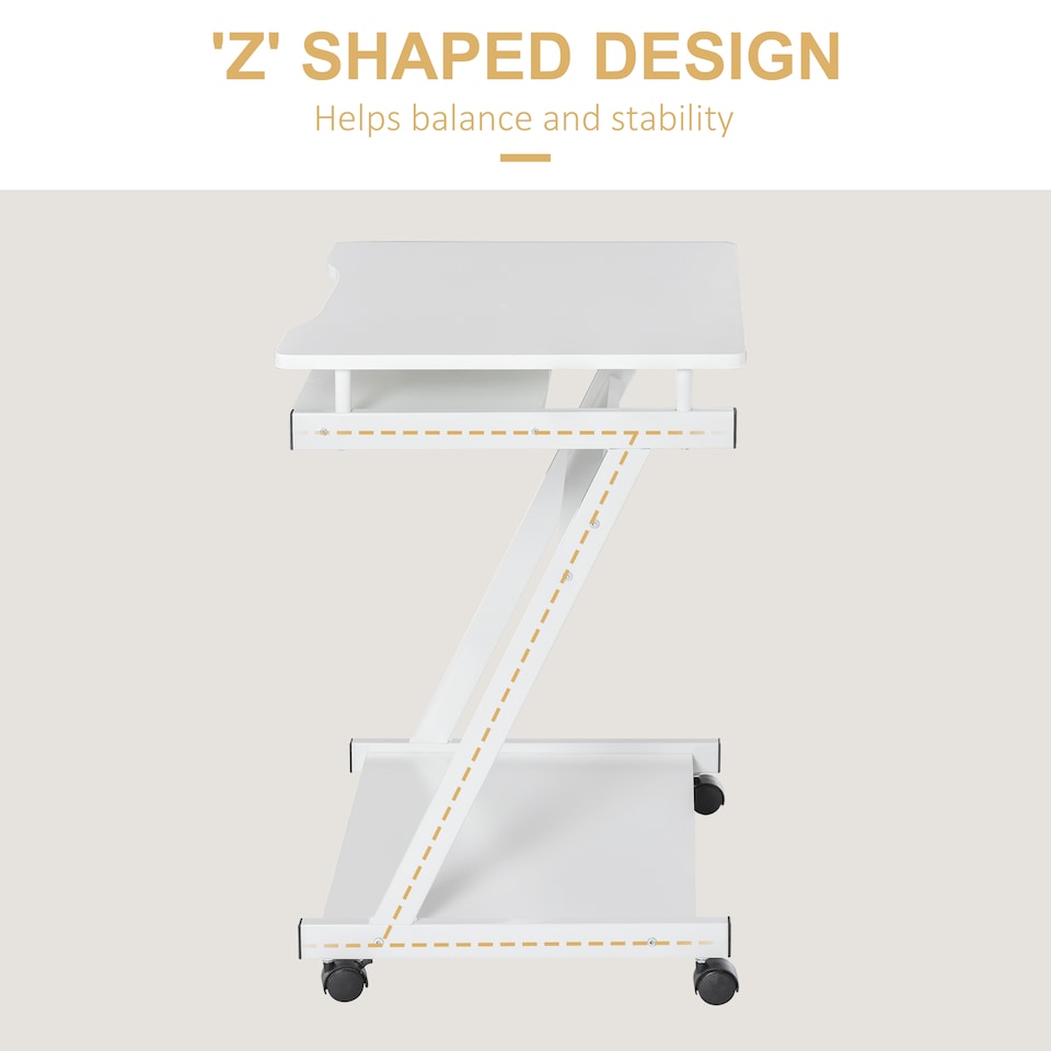 image 1 of HOMCOM Movable Computer Desk with 4 Moving Wheels Sliding Keyboard Tray Home Office Workstation White