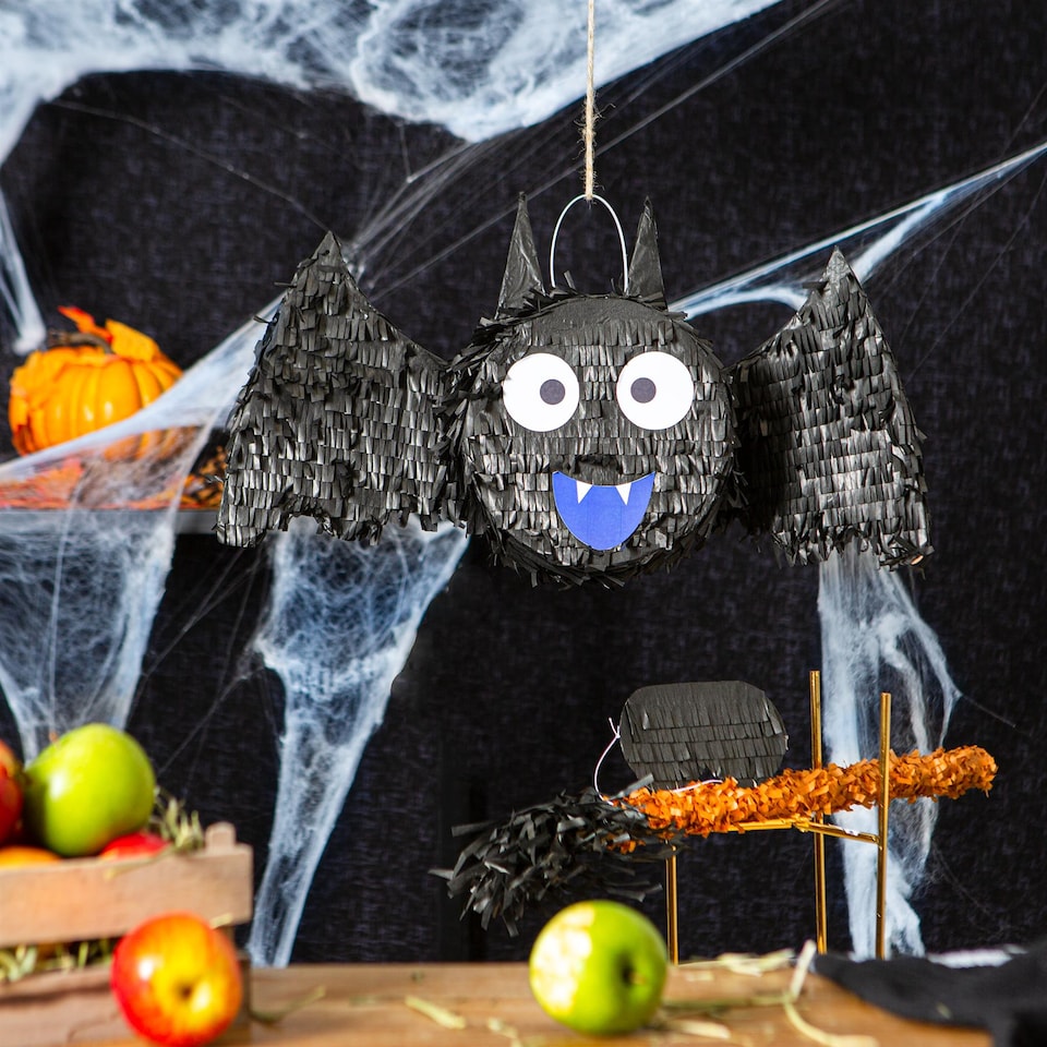 image 1 of Pinatas Halloween Bat Cardboard Pinata, Stick and Blindfold Set - W56cm x D10.5cm x H30cm - Black